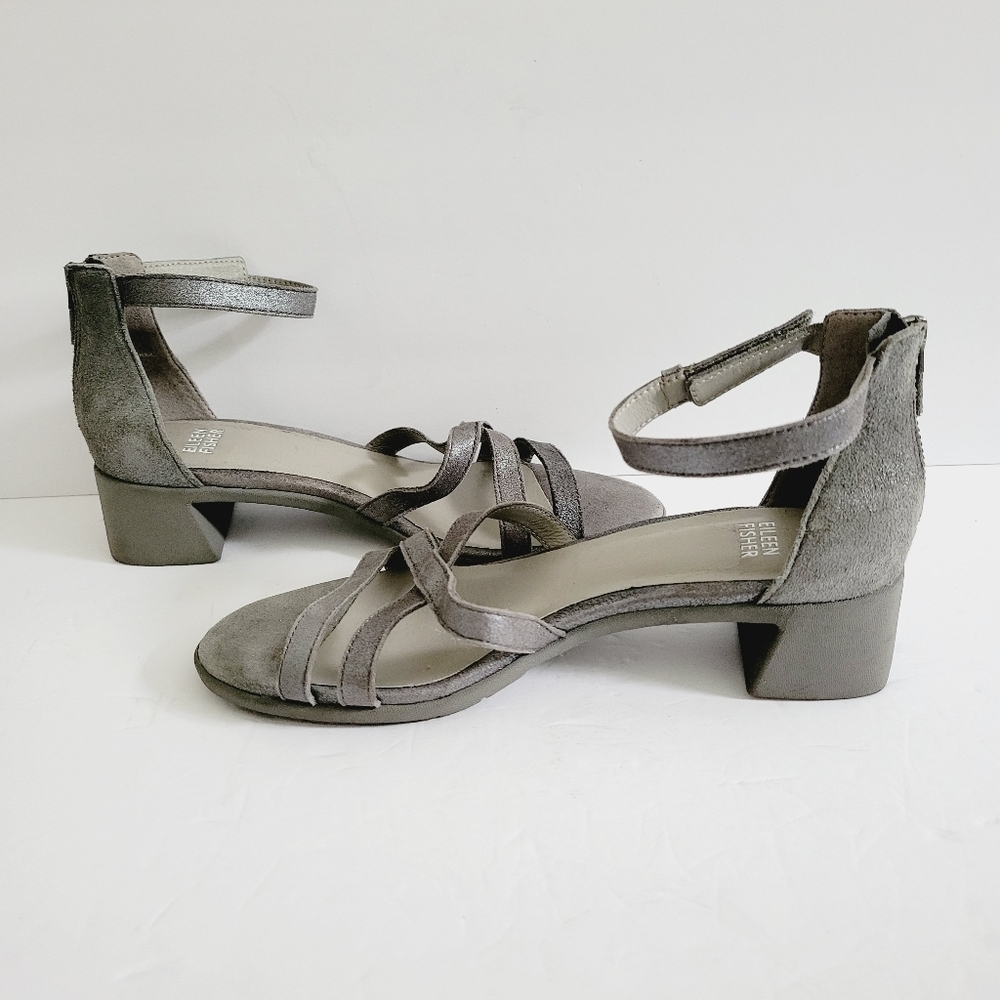 NEW Eileen Fisher Noni Ankle Strap Sandals Silver Metallic Suede